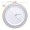 White with Blue and Gold Chord Rim Plastic Dinnerware Value Set (120 Guests)